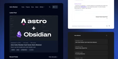 Astro Modular preview, showing different theme and layout options.